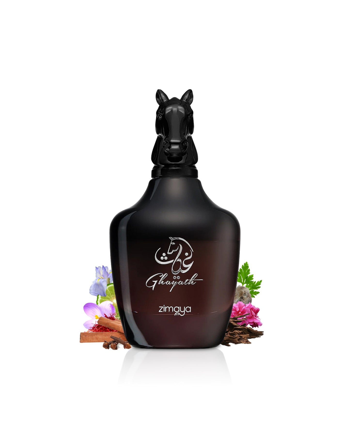 zimaya ghayath perfume bottle surrounded with its ingredients like oud and amber beside many others like iris and citrus shows from behind the bottle against white background