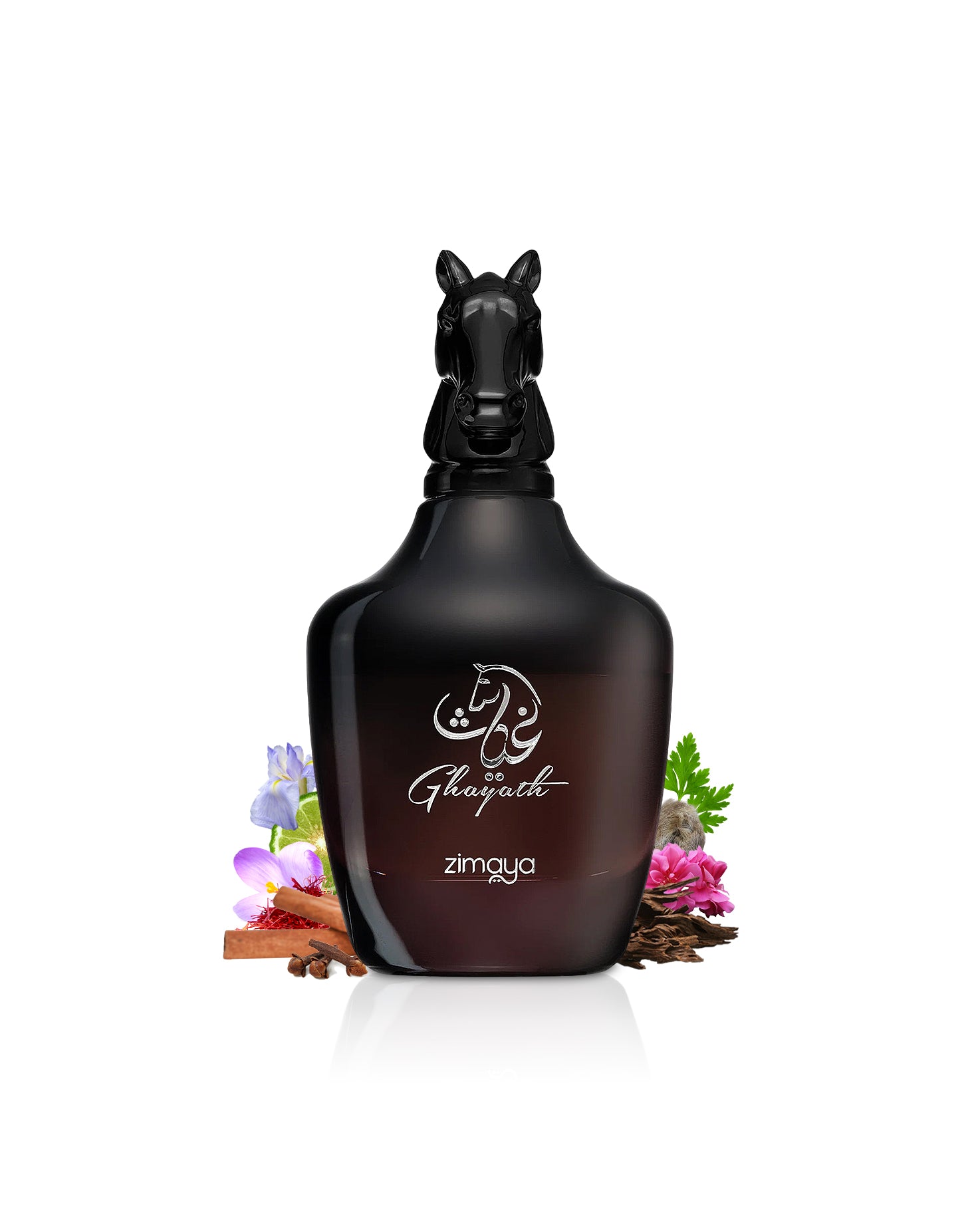 zimaya ghayath perfume bottle surrounded with its ingredients like oud and amber beside many others like iris and citrus shows from behind the bottle against white background