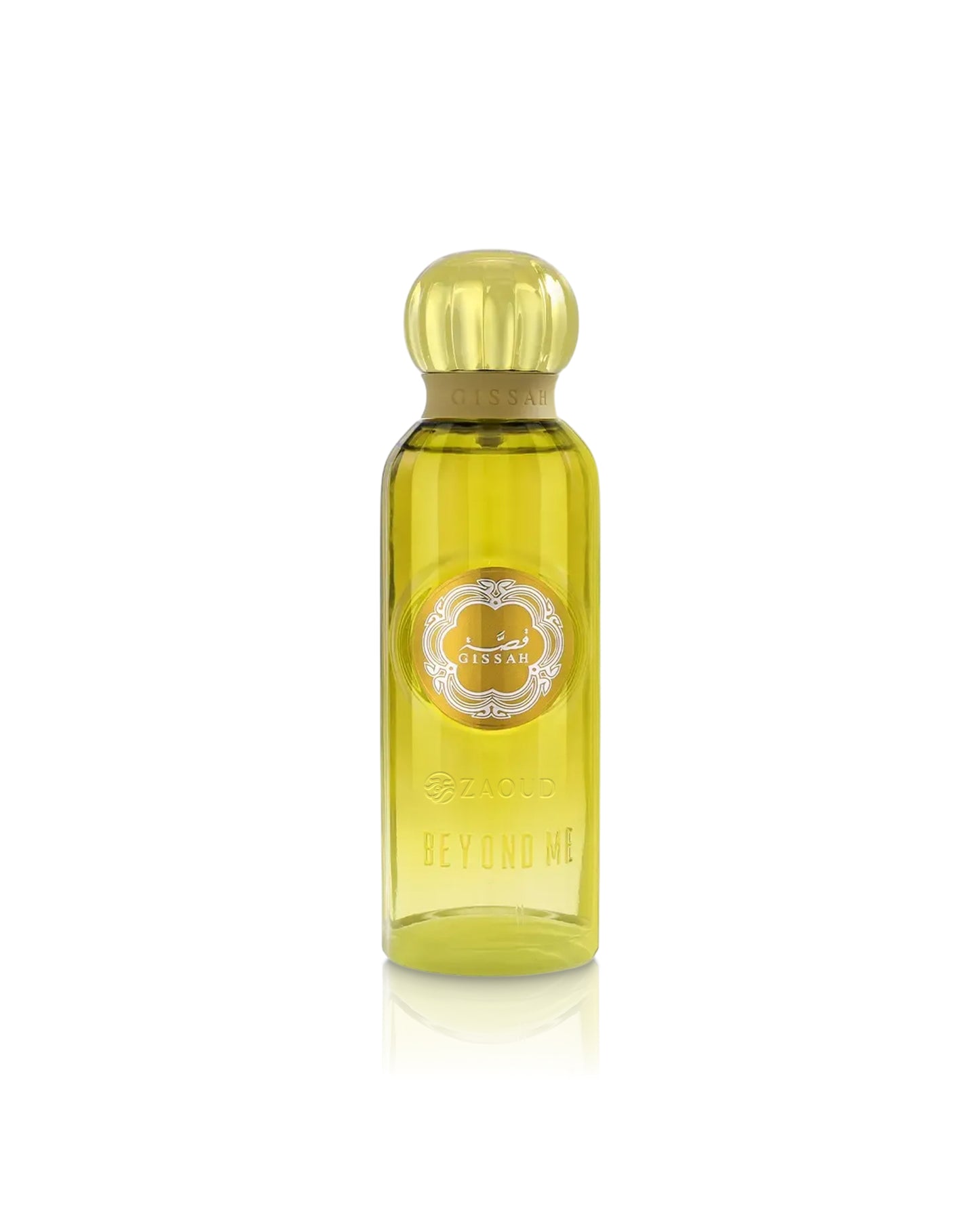 A yellow-green glass perfume bottle with a metallic gold cap, featuring a circular silver and gold label that reads 'gissah BEYOND ME' and 'Scent of Life'.