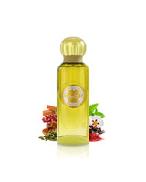 gissah beyond me fragrance bottle with a yellow cap and golden-yellow liquid, styled with botanical ingredients like cinnamon, cloves, and a white flower on a white background.