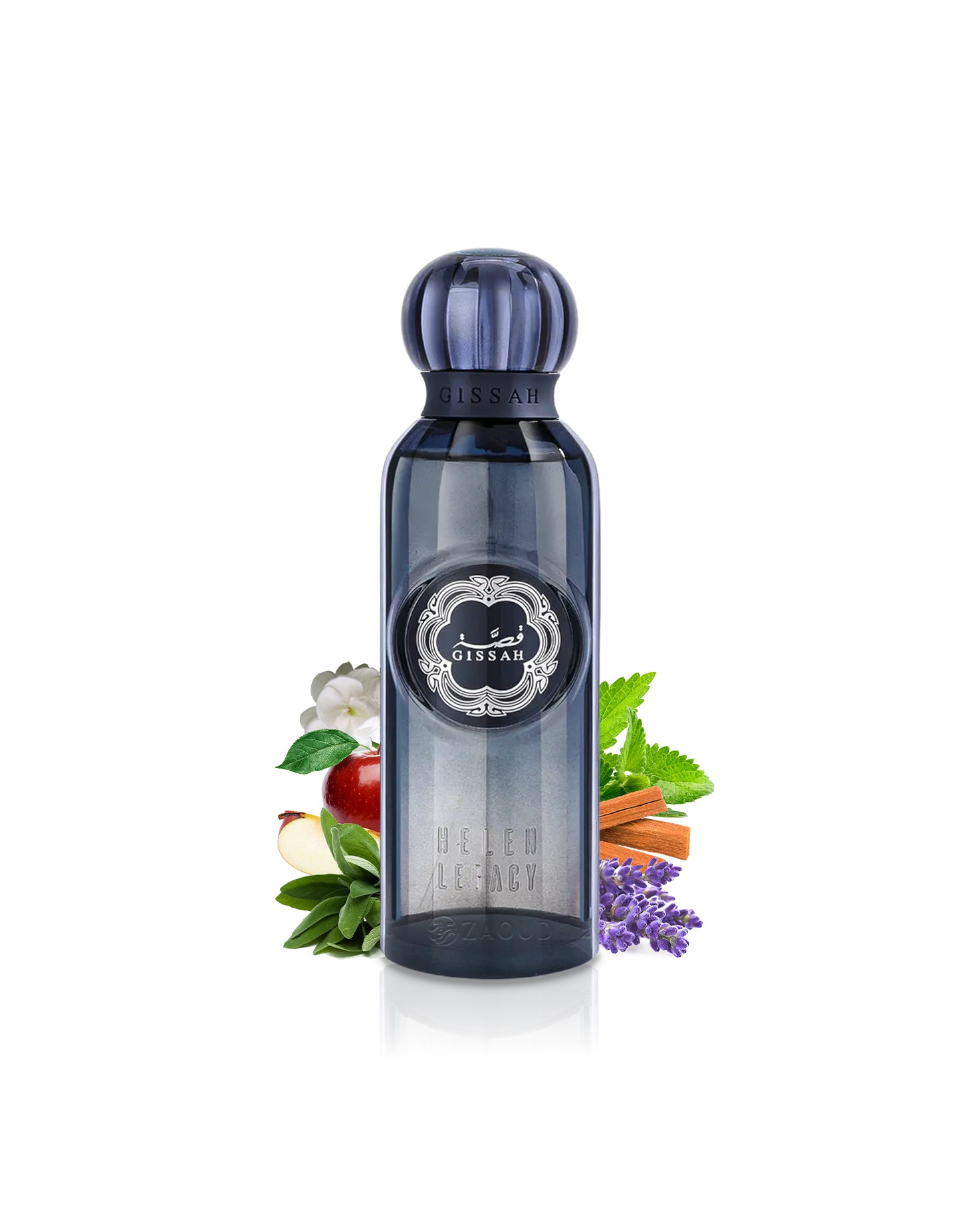Gissah helen legacy perfume bottle surrounded by fragrance notes like lavender and sage shows against white background