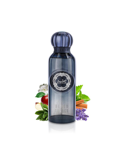 Gissah helen legacy perfume bottle surrounded by fragrance notes like lavender and sage shows against white background
