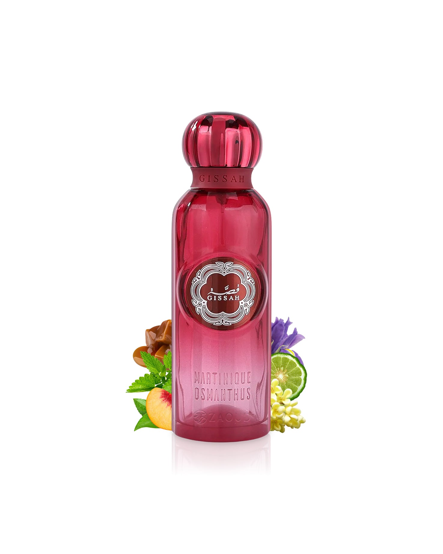 gissah Martinique osmanthus perfume bottle surrounded by fragrance notes like peach and osmanthus shows against white background