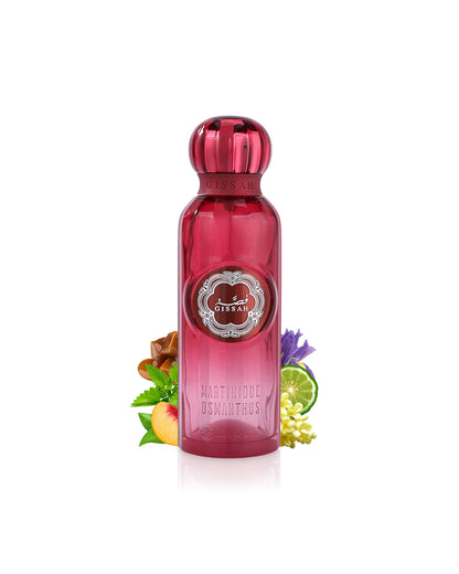 gissah Martinique osmanthus perfume bottle surrounded by fragrance notes like peach and osmanthus shows against white background