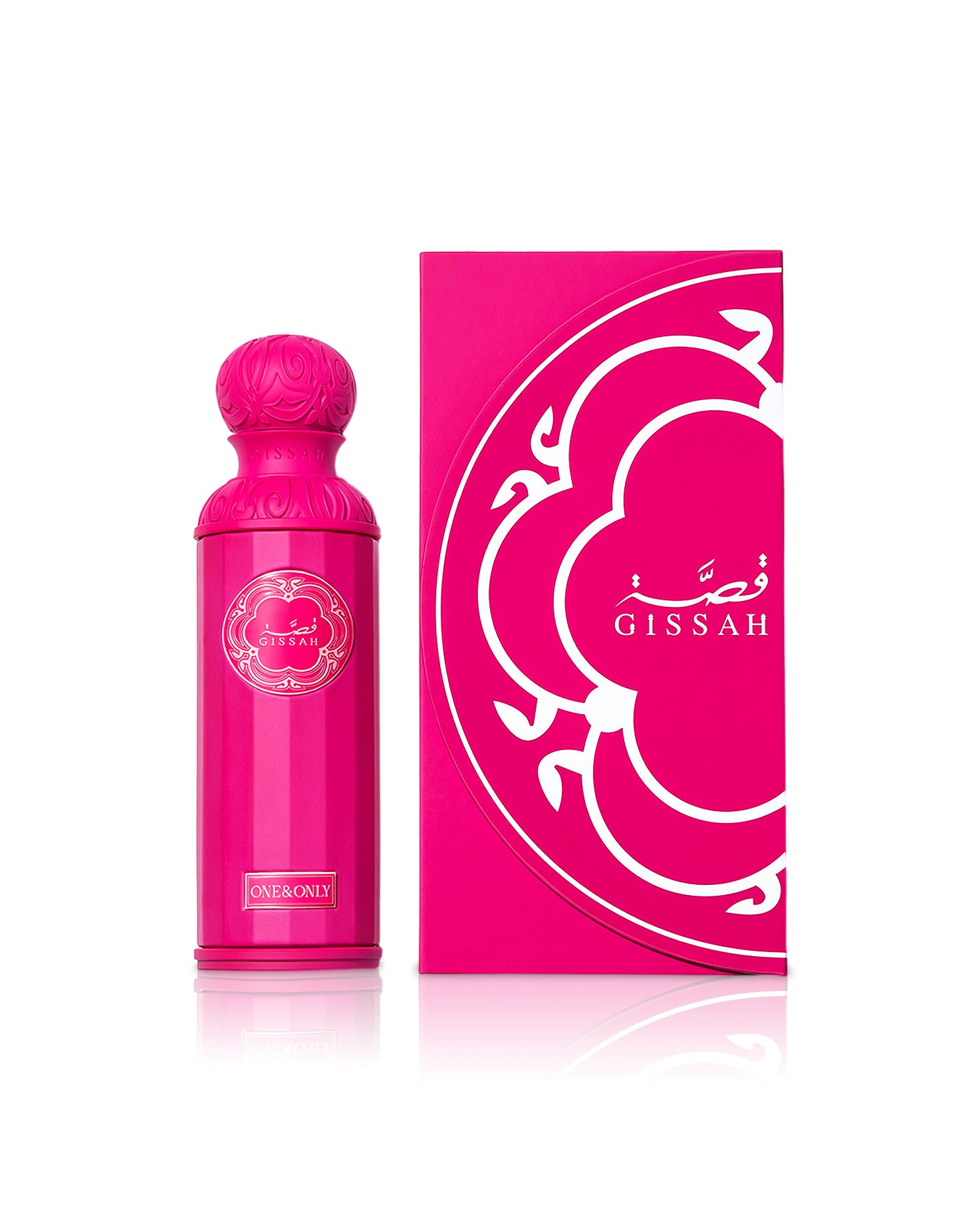 gissah one and only perfume pink bottle shows beside its box against white background