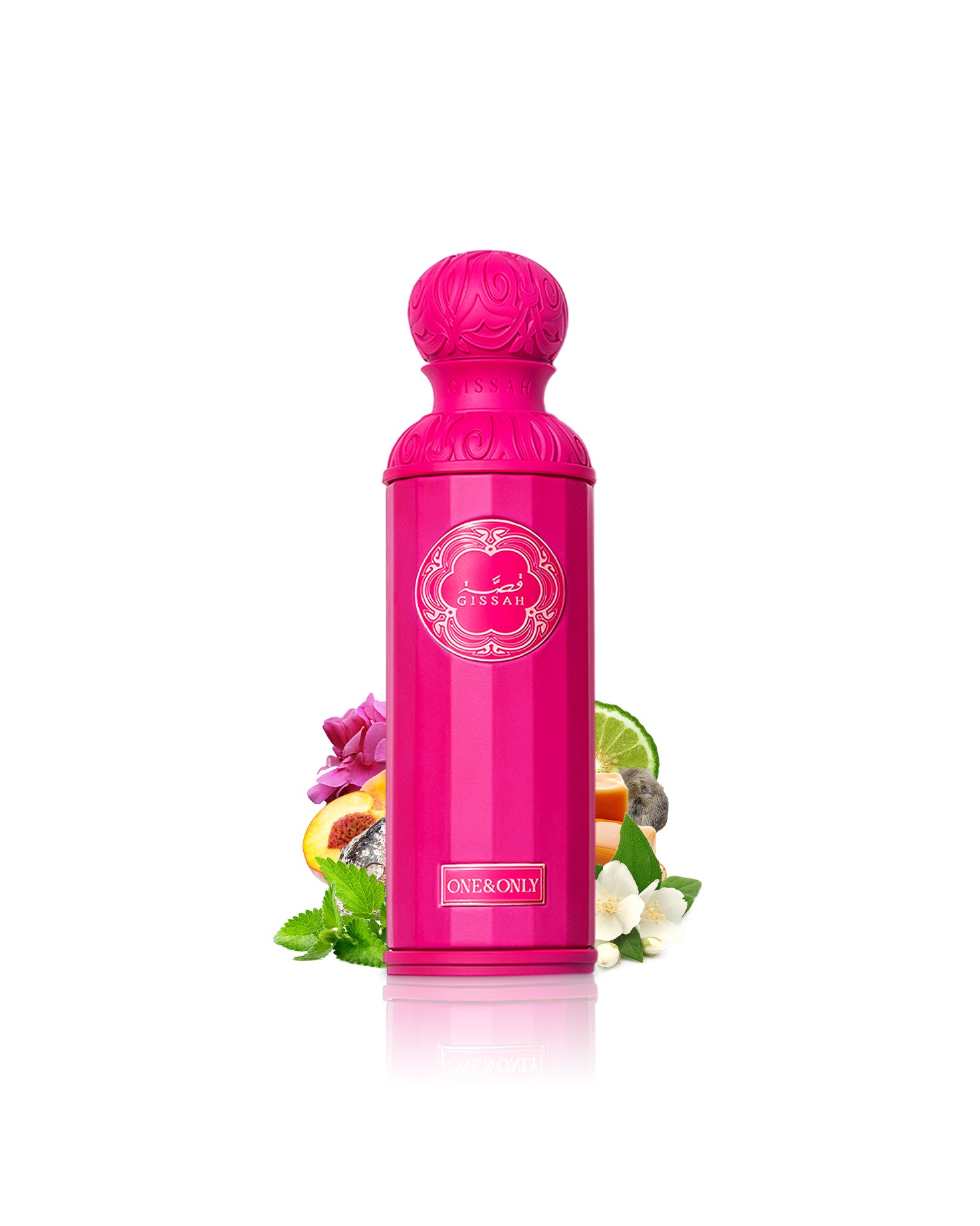 gissah one and only perfume pink bottle surrounded with fragrance notes like jasmine and peach shows from behind the bottle  against white background