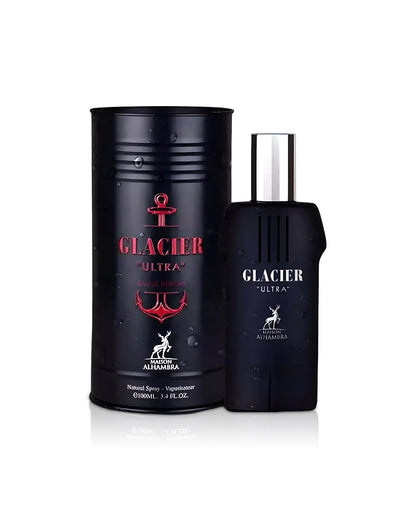 glacier ultra by maison alhambra by perfume bottle beside its box against white background