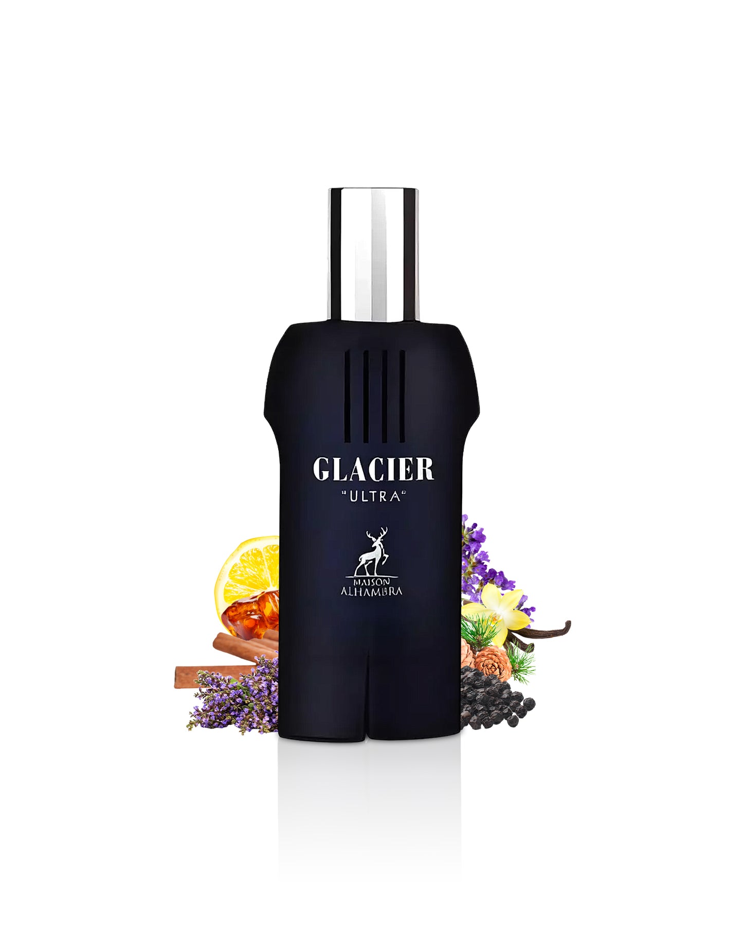 glacier ultra by maison alhambra by perfume bottle surrounded with its ingredients like vanilla and lavender with many others shows from behind the bottle against white background