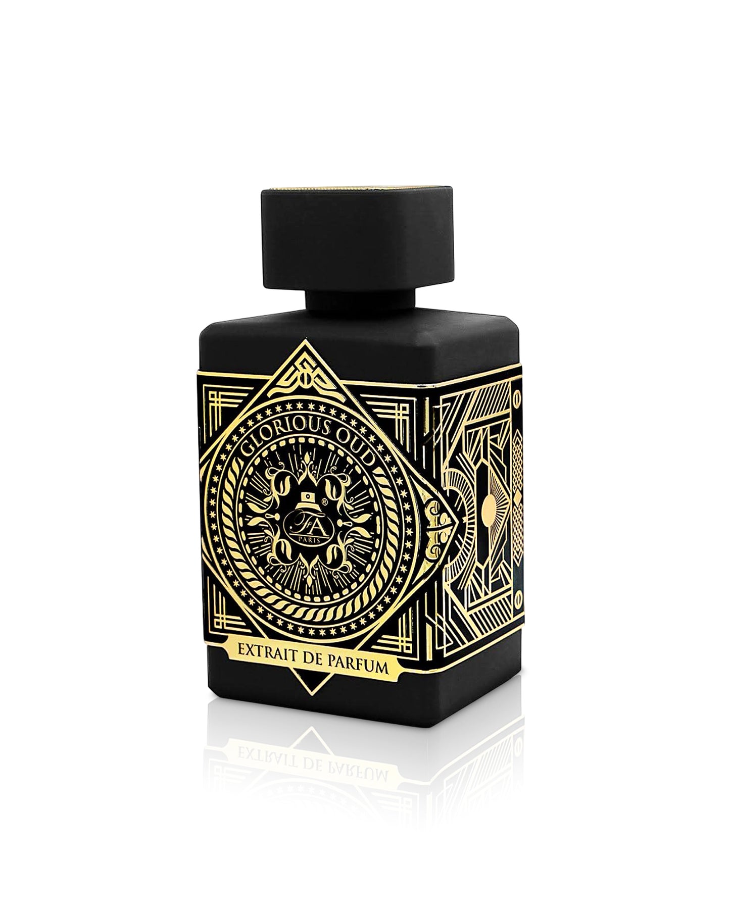 glorious oud perfume bottle shows against  white background