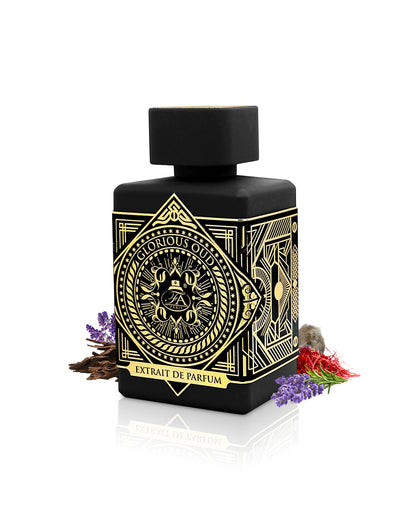 glorious oud perfume bottle surrounded with fragrance notes like lavender and oud shows against  white background