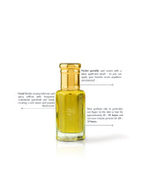 Gozal perfume oil bottle filled with yellow liquid, shown on a white background with callout text describing its scent and features. The bottle has a gold cap and a visible embossed logo on the front.