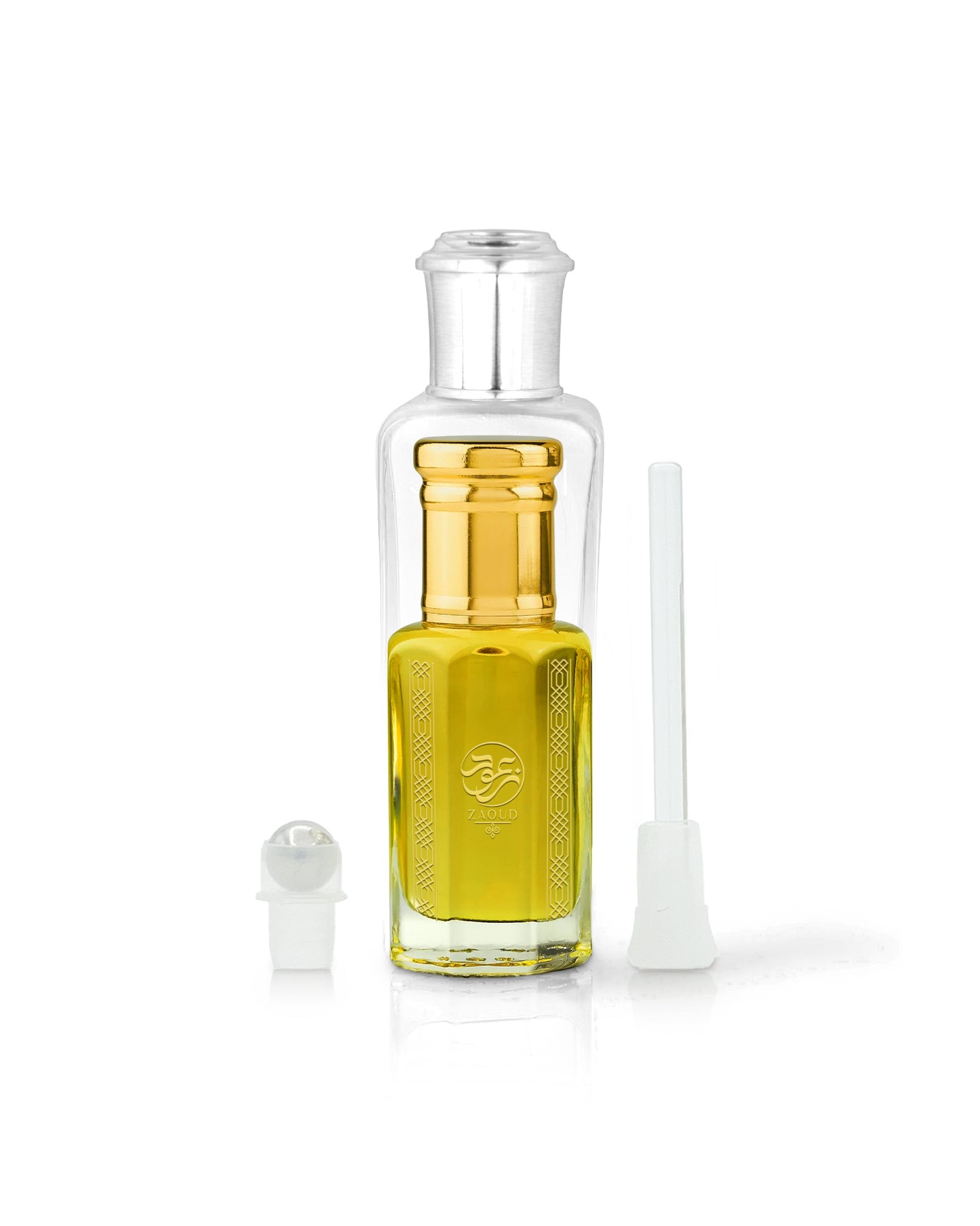Gozal perfume oil bottle filled with golden-yellow liquid, shown with a silver-toned cap and a white atomizer wand on a clean white background.