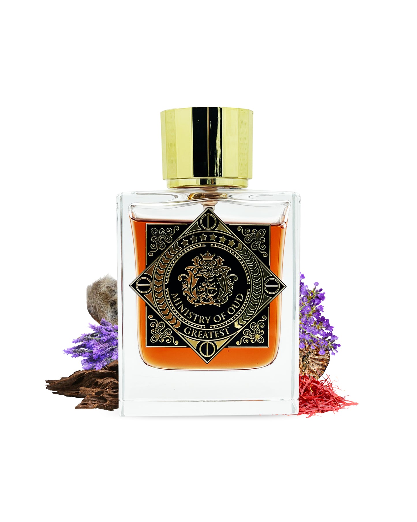 greatest extrait de parfum by ministry of oud perfume bottle surrounded with its ingredients like oud and saffron shows from behind the bottle against white background