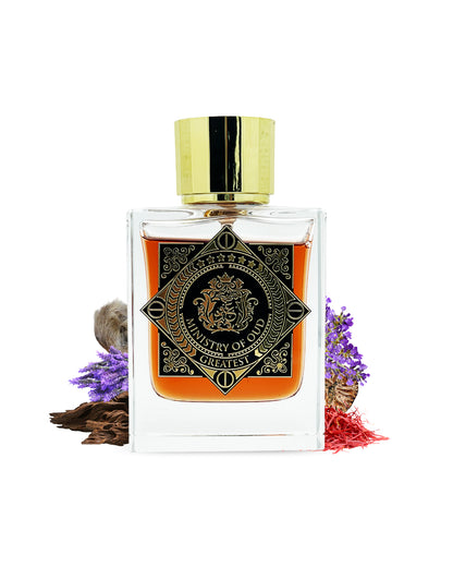 greatest extrait de parfum by ministry of oud perfume bottle surrounded with its ingredients like oud and saffron shows from behind the bottle against white background