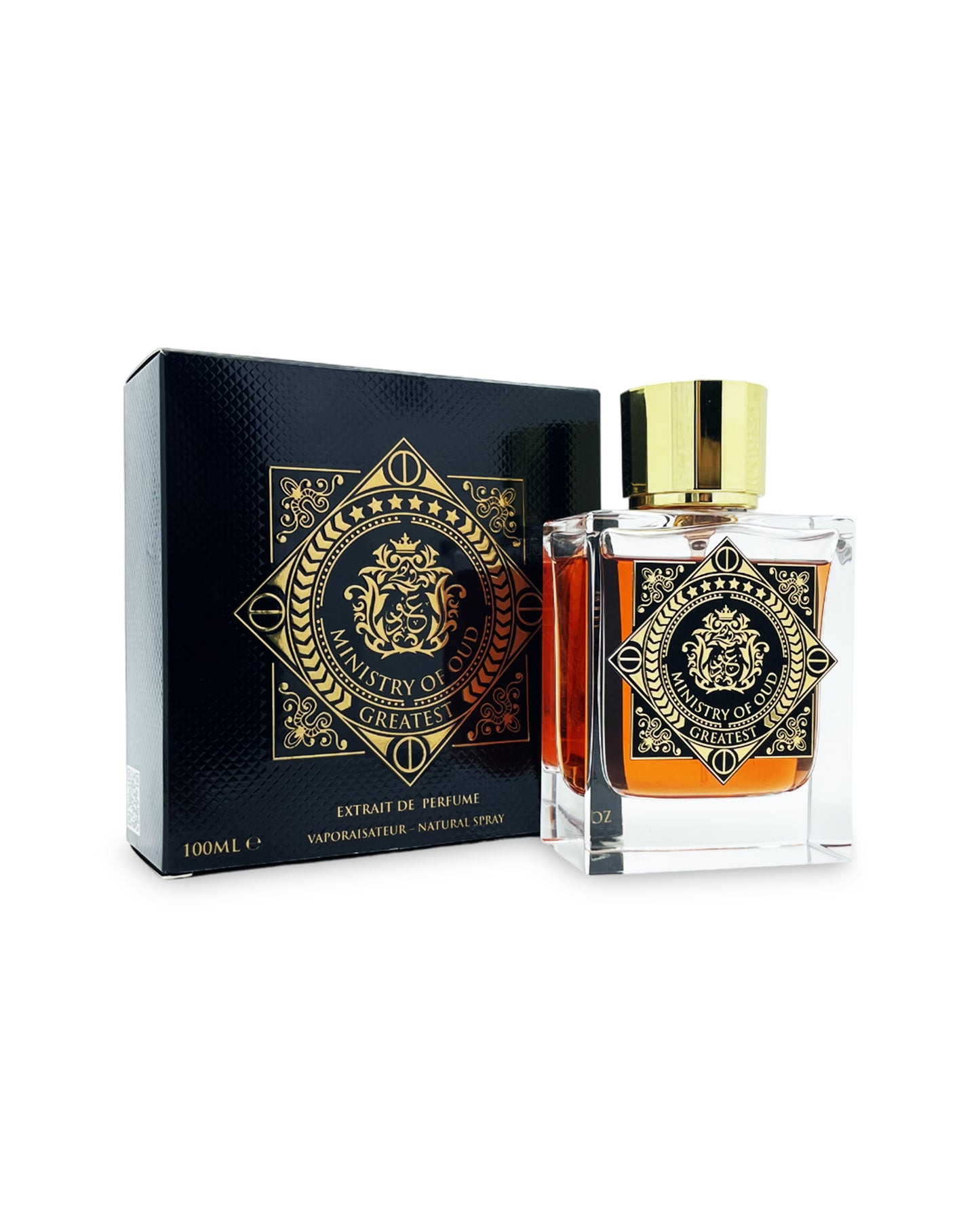 greatest extrait de parfum by ministry of oud perfume bottle shows beside it's box against white background