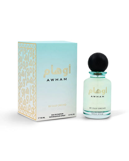 gulf orchid awham perfume bottle shows beside its packaging against white background