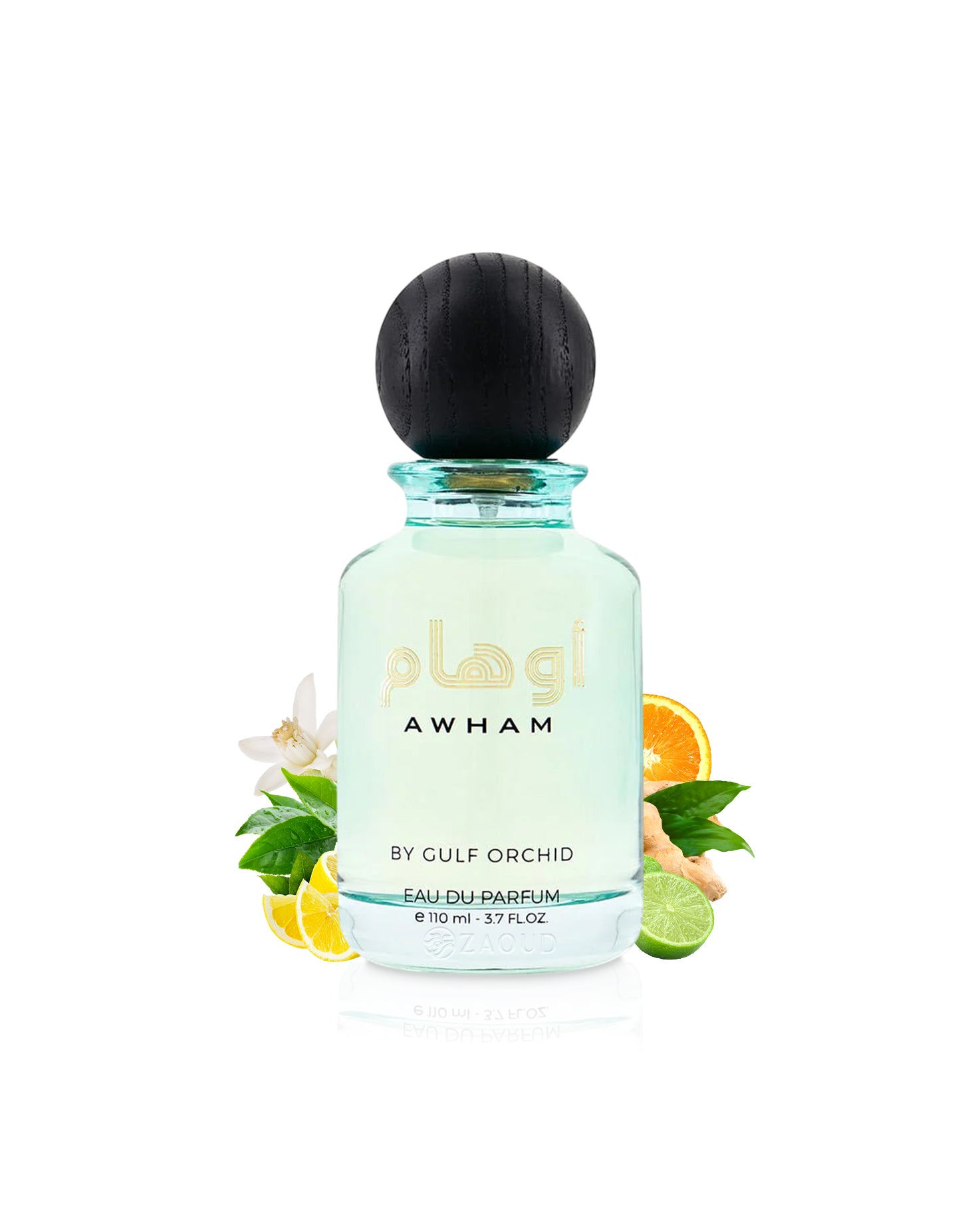 gulf orchid awham perfume bottle surrounded by fragrance notes like citrus and ginger shows against white background