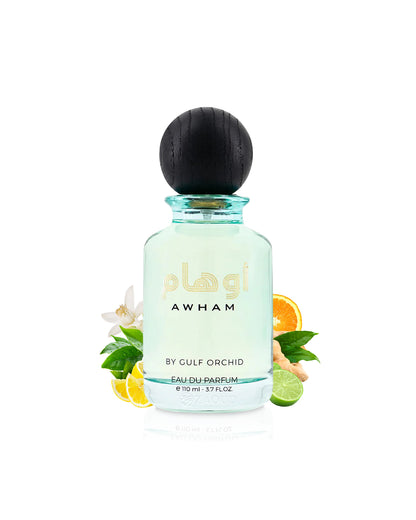 gulf orchid awham perfume bottle surrounded by fragrance notes like citrus and ginger shows against white background