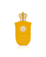 gulf orchid mango ice Yellow perfume bottle with gold cap on a white background