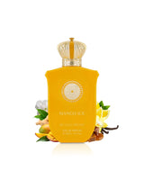 gulf orchid mango ice Yellow perfume bottle with floral elements on a white background