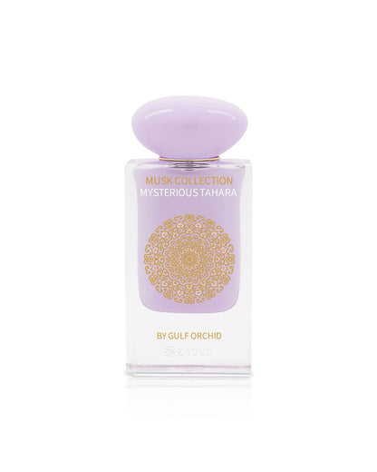 Perfume bottle labeled 'Mysterious Tahara' by Gulf Orchid on a white background