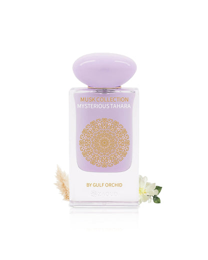 Perfume bottle labeled 'Mysterious Tahara' by Gulf Orchid on a white background