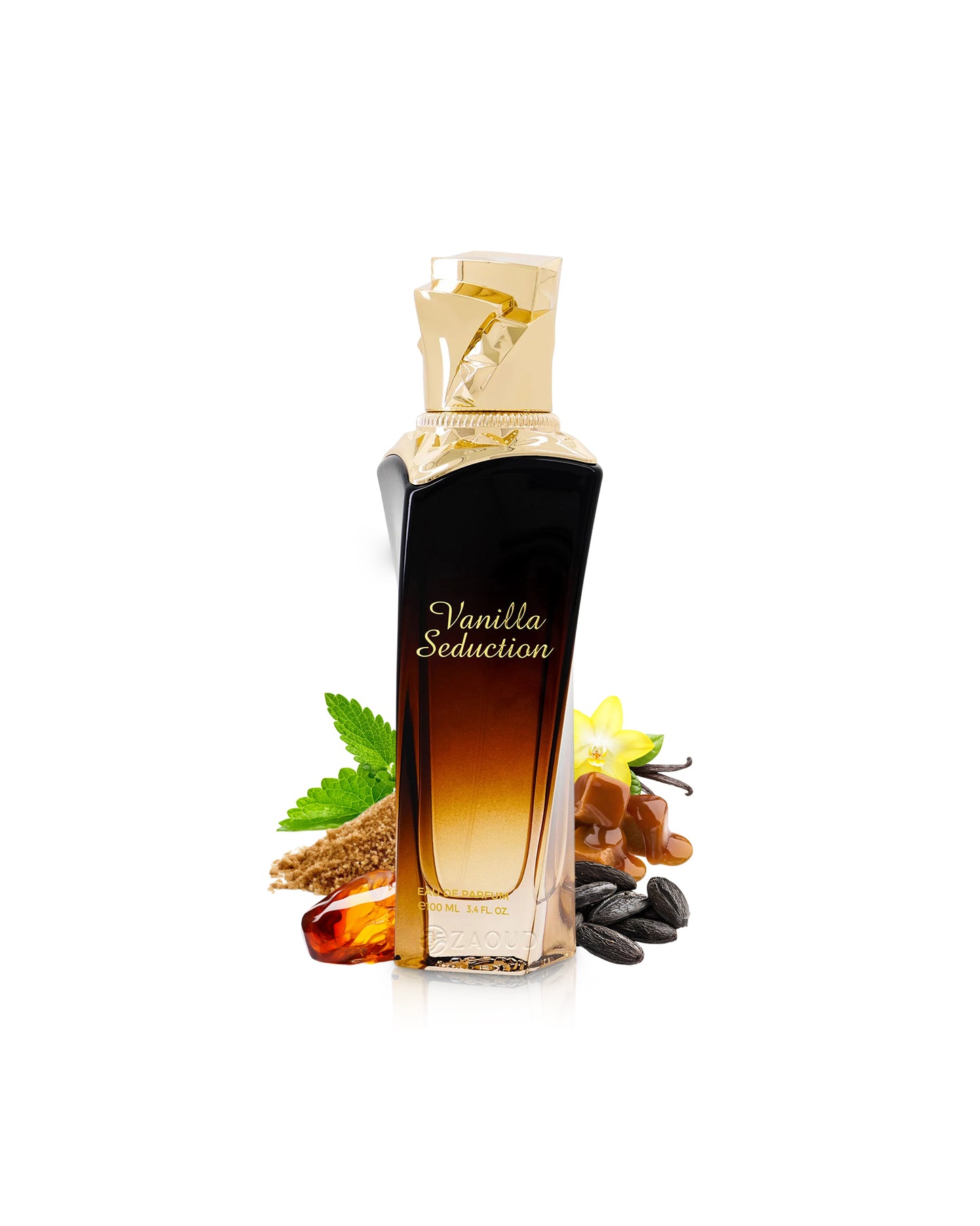 gulf orchid vanilla seduction perfume bottle surrounded by fragrance notes like amber and tonka shows against white background