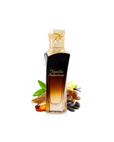 gulf orchid vanilla seduction perfume bottle surrounded by fragrance notes like amber and tonka shows against white background