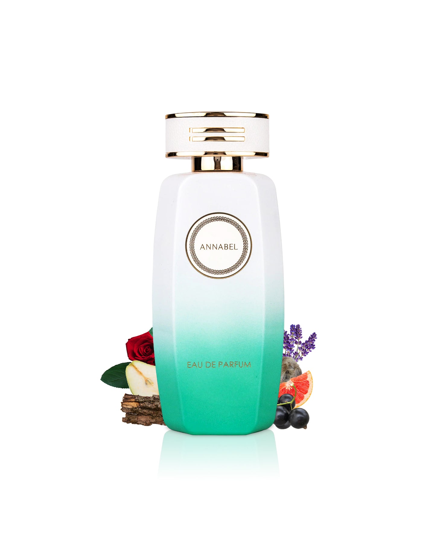 gulf orchid annabel perfume bottle surrounded with fragrance notes like rose and pear shows from behind the bottle against white background