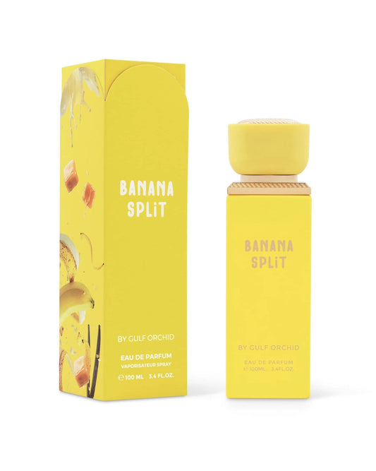 gulf orchid banana split perfume bottle beside packaging against white background