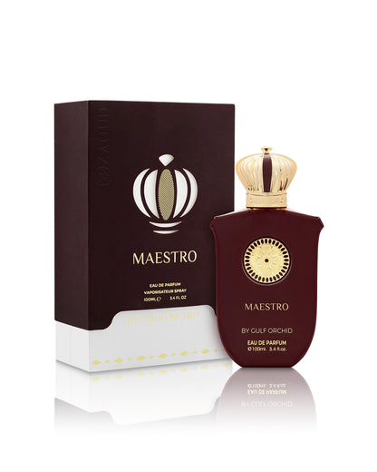 gulf orchid maestro perfume bottle shows beside its packaging against white background