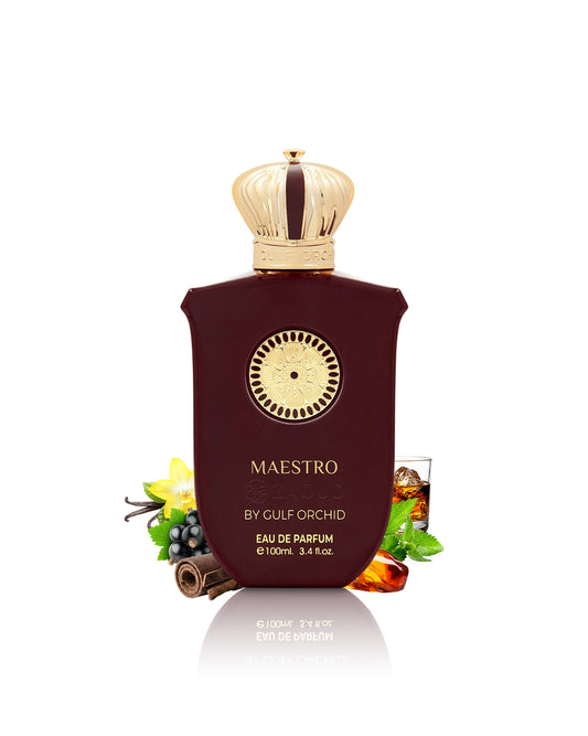 gulf orchid maestro perfume bottle surrounded with fragrance notes like amber and leather shows against white background