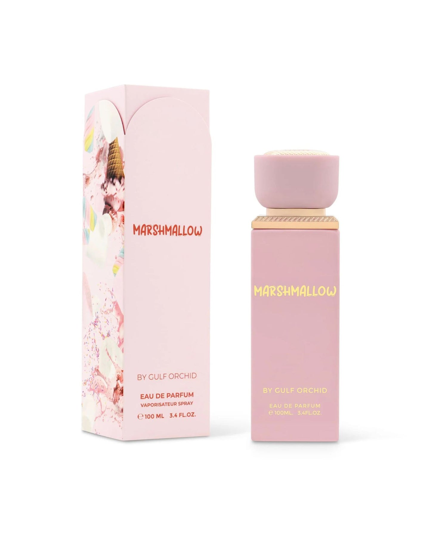 gulf orchid Marshmallow perfume bottle and packaging on a white background