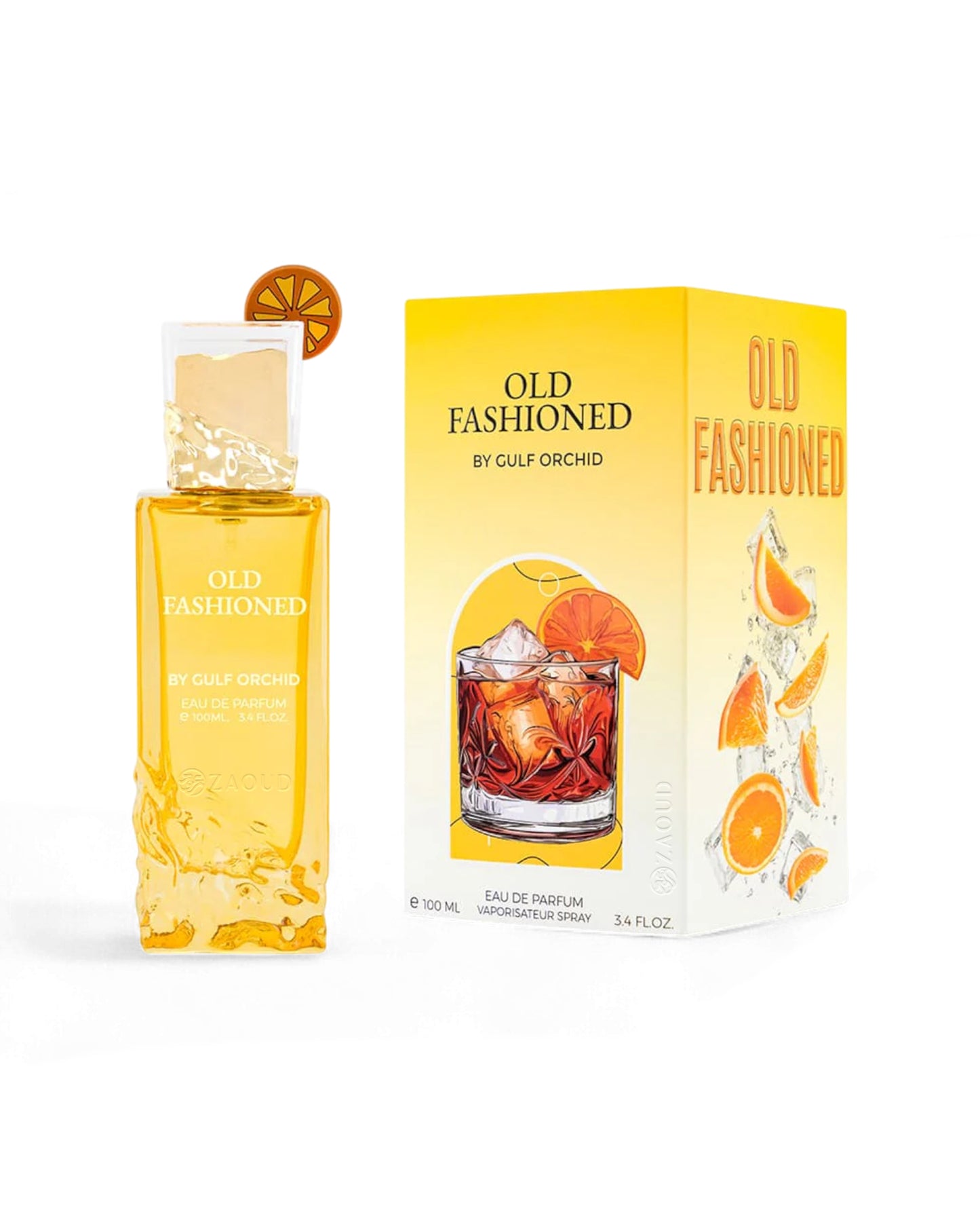 gulf orchid old fashioned perfume bottle beside packaging shows against white background