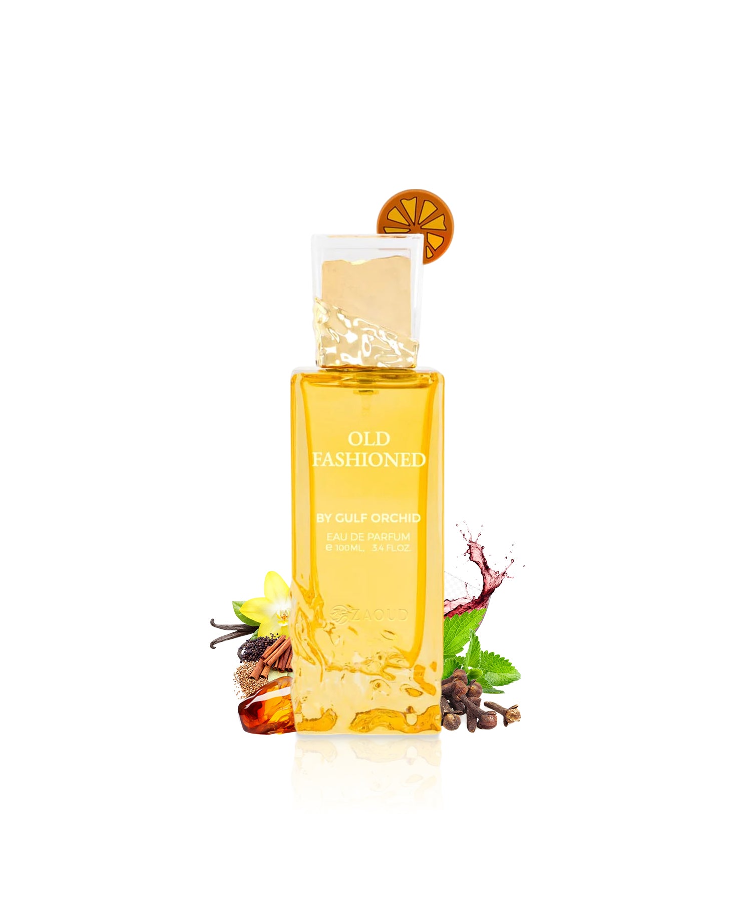 Yellow bottle labeled 'Old Fashioned' with decorative elements like spices on a white background