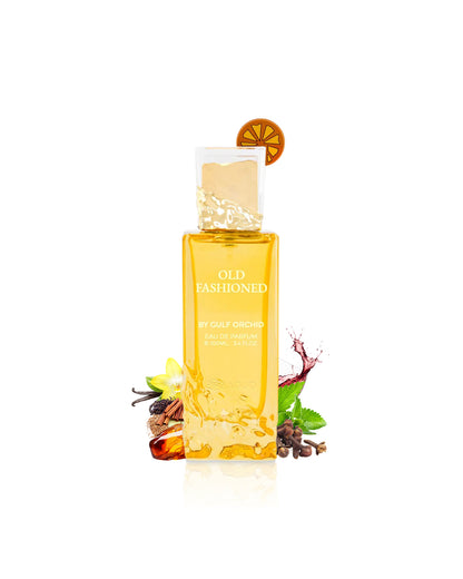 Yellow bottle labeled 'Old Fashioned' with decorative elements like spices on a white background