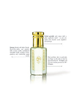 hamam perfume oil bottle with a shiny gold cap, shown on a white background with descriptive text callouts around it. The bottle has a gold circular emblem with a stylized symbol on the front.