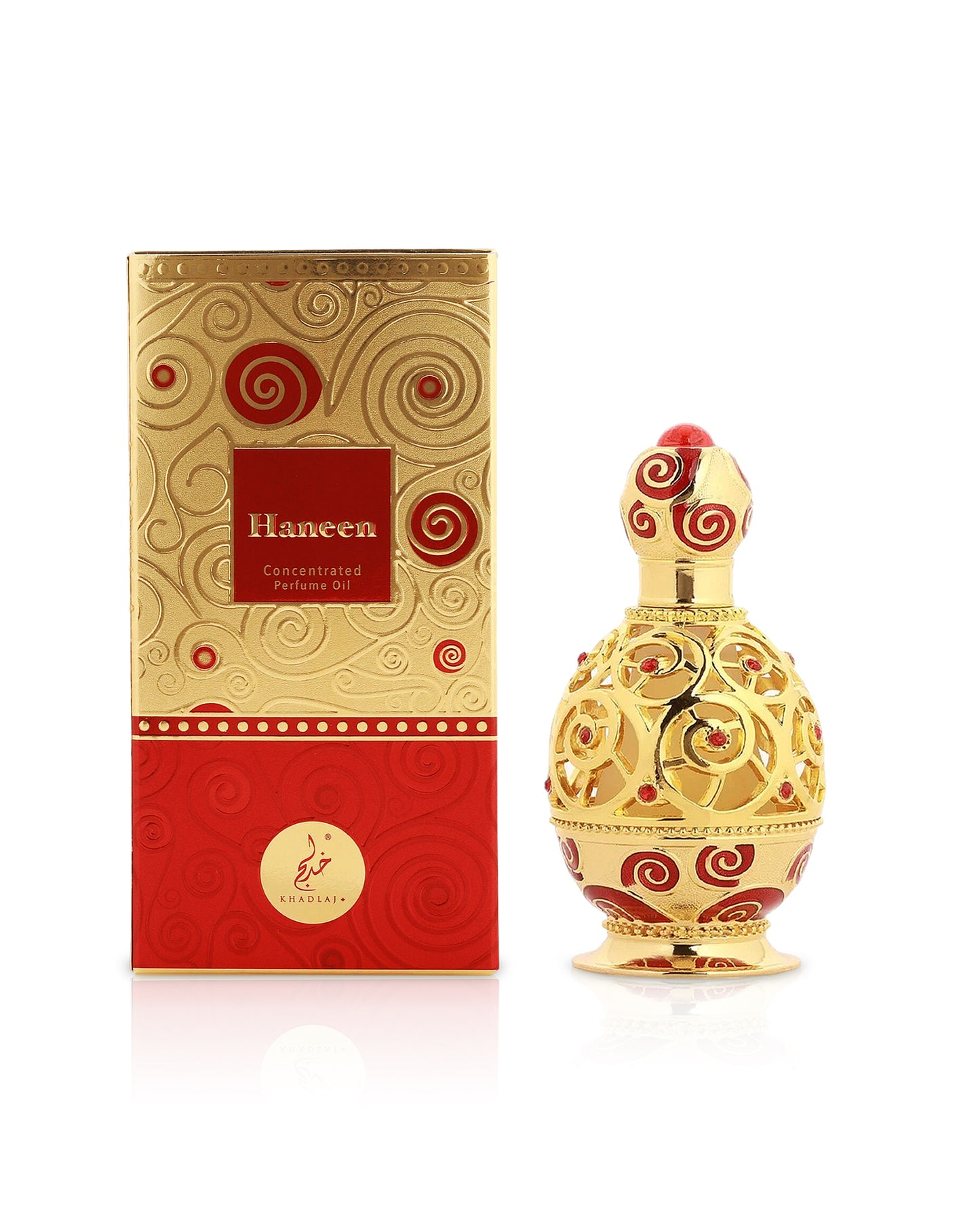 khadlaj haneen gold perfume oil bottle shows beside its box against white background