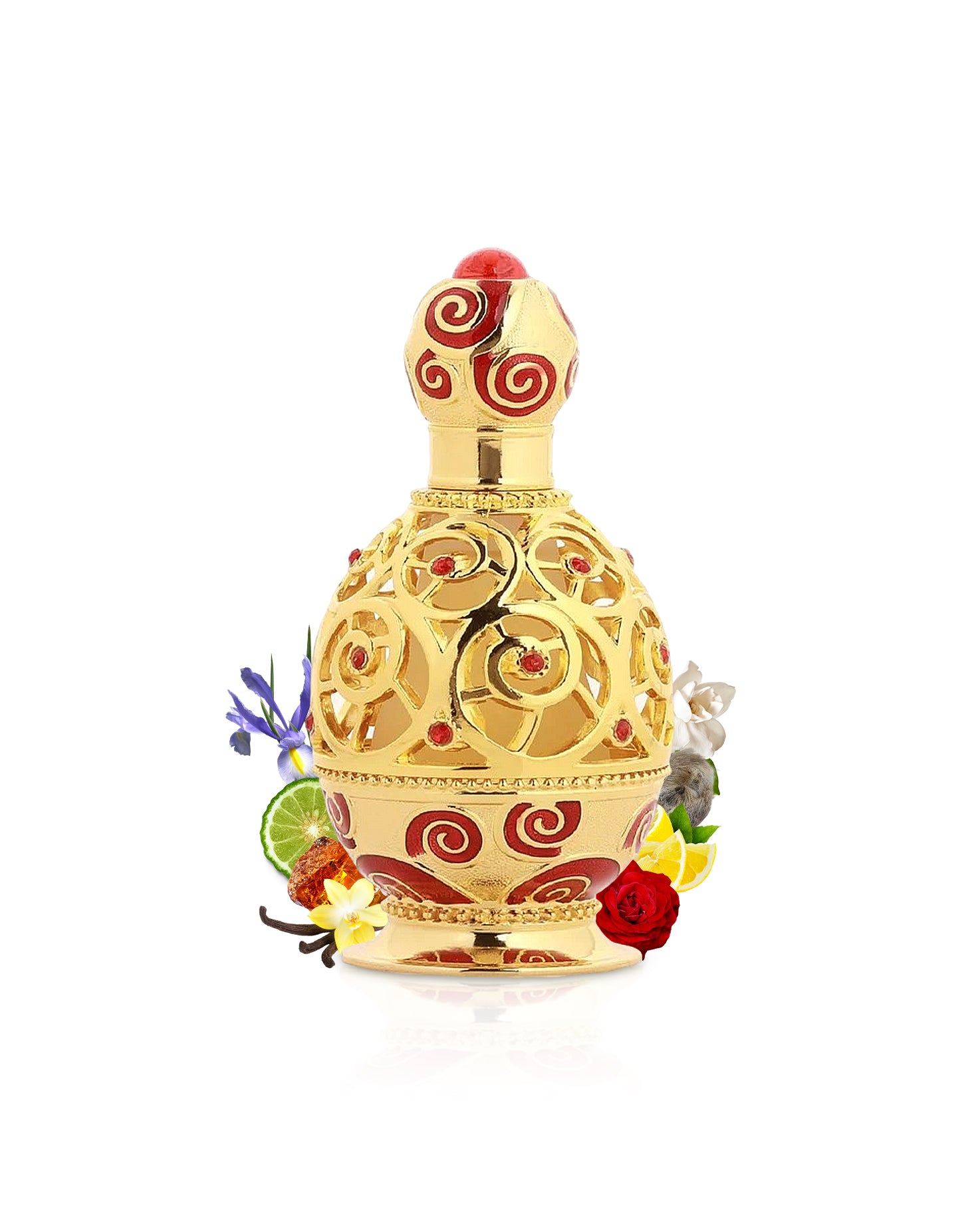 khadlaj haneen gold perfume oil bottle surrounded with it's ingredients like rose and citrus shows from behind the bottle against white background