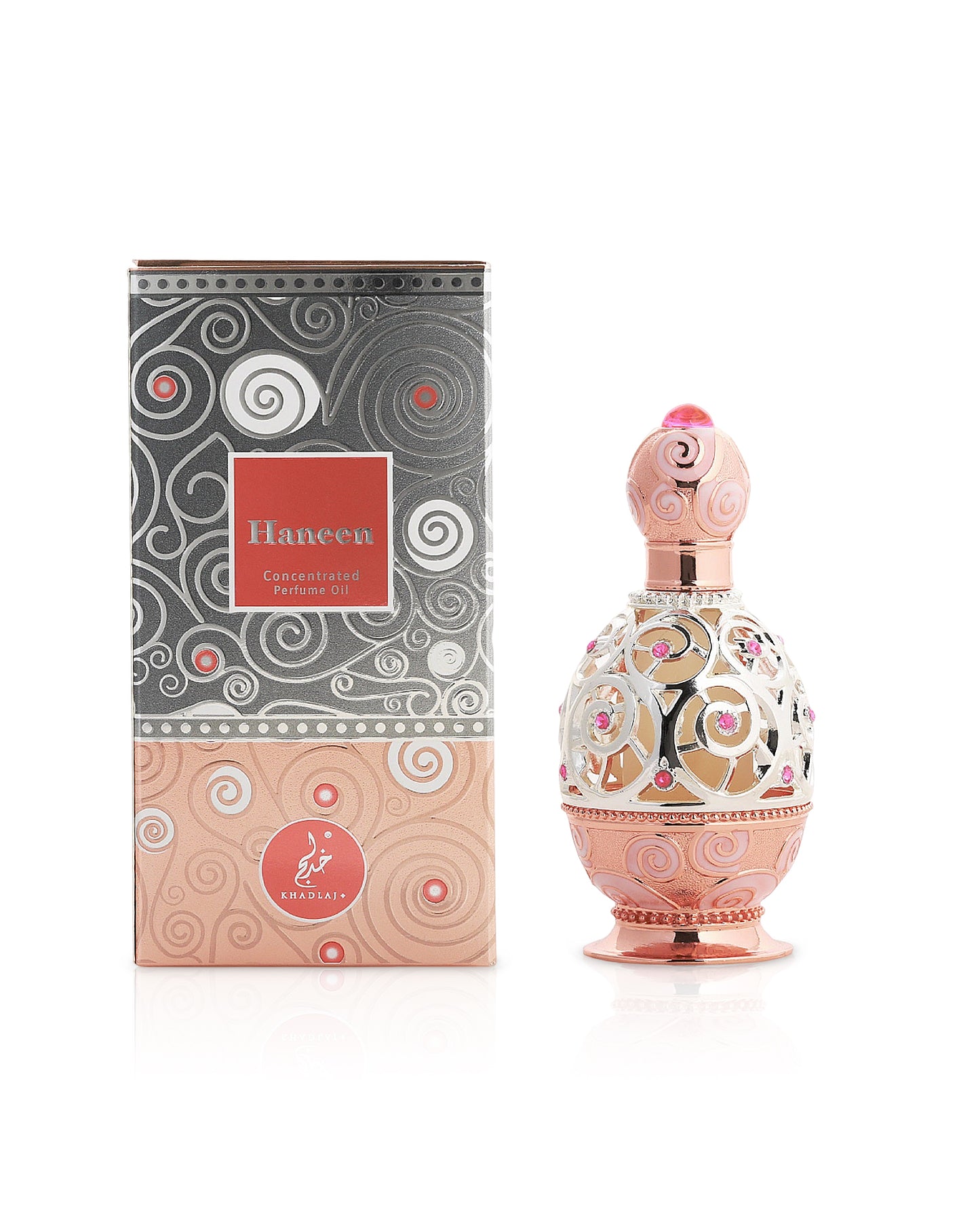 khadlaj haneen rose gold perfume oil bottle shows beside its box against white background