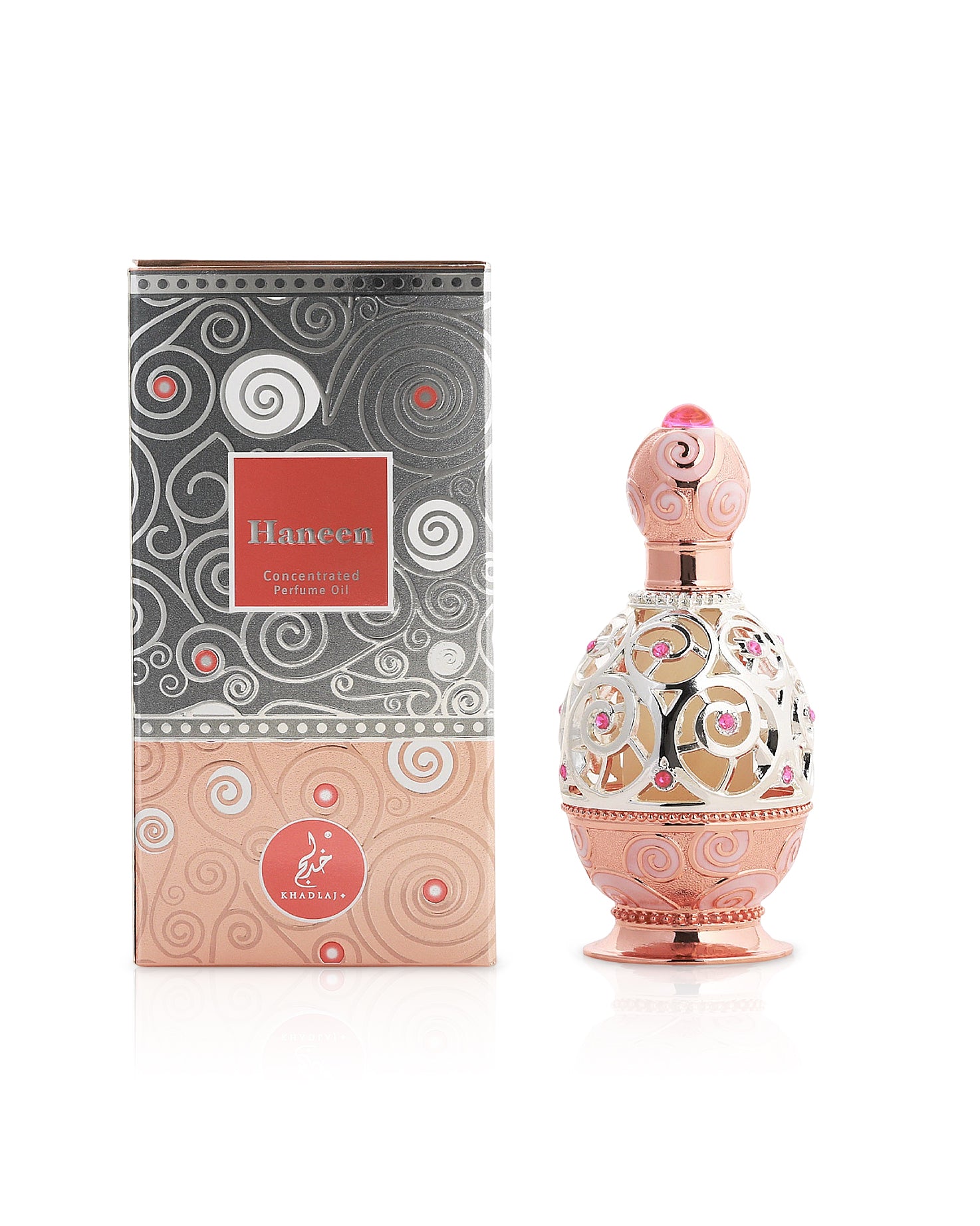 khadlaj haneen rose gold perfume oil bottle shows beside its box against white background