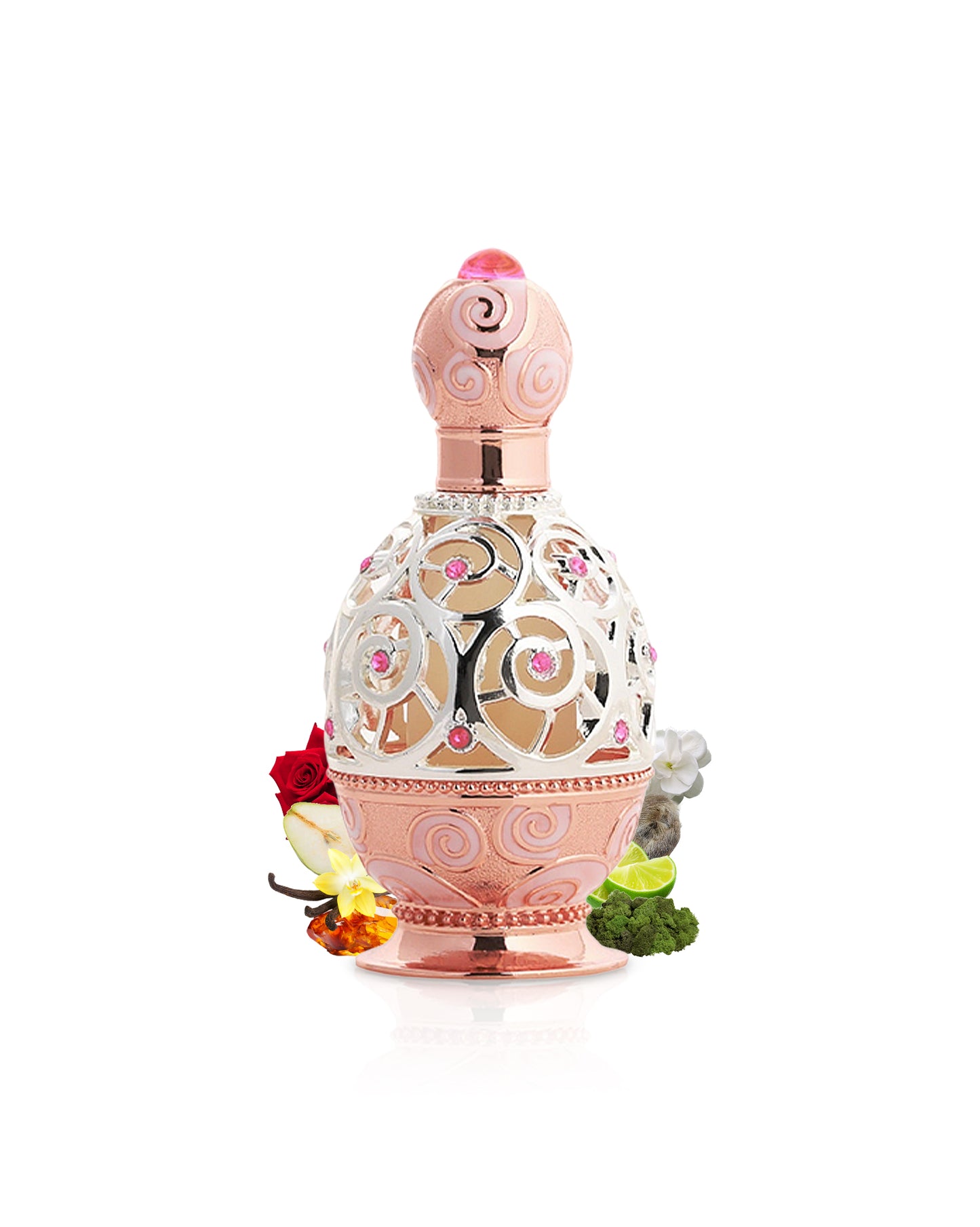 khadlaj haneen rose gold perfume oil bottle surrounded with its ingredients like rose and vanilla shows from behind the bottle against white background