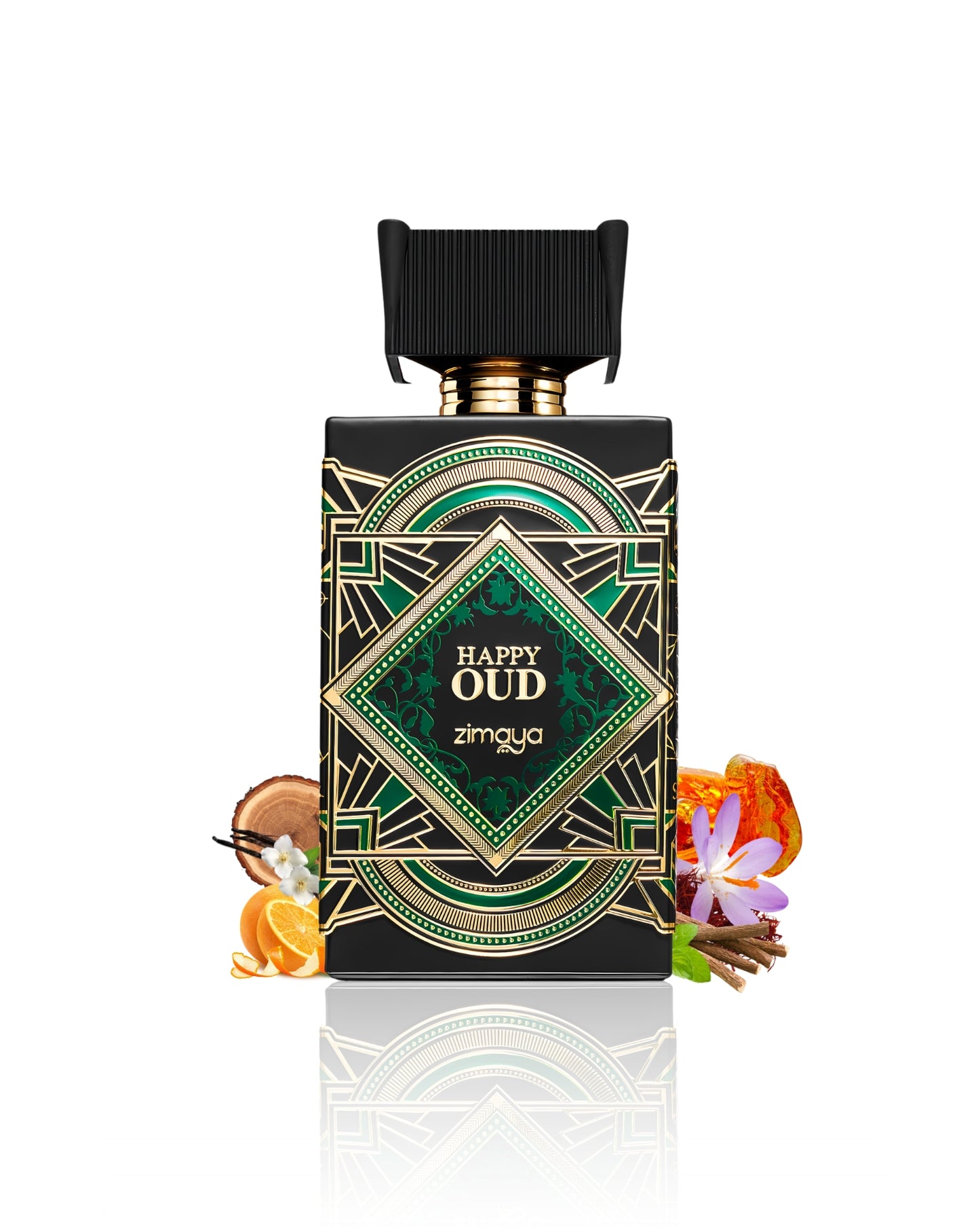 happy oud extrait de parfum by zimaya perfumes bottle surrounded with its ingredients like amber and orange beside many others shows from behind the bottle  against white background