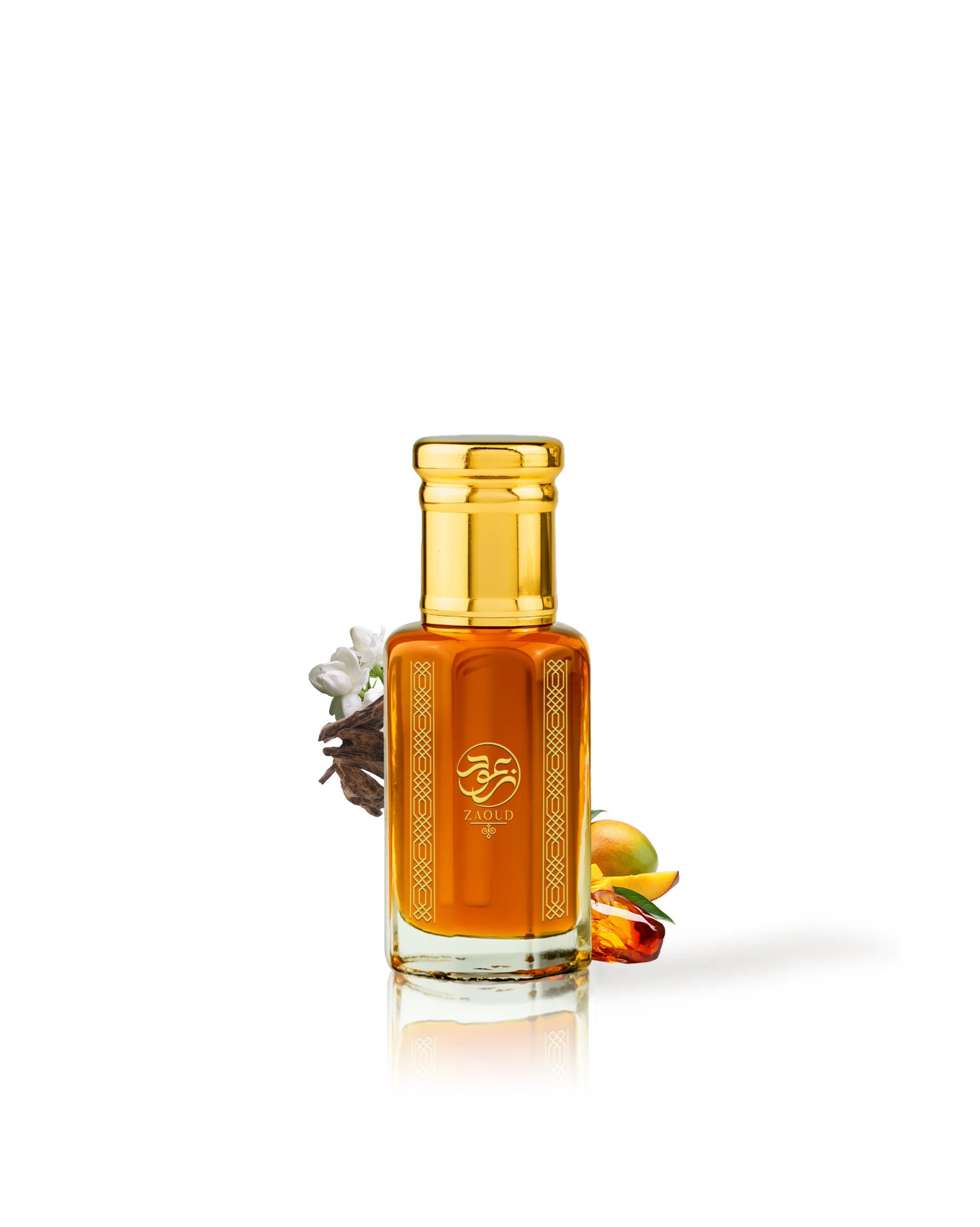 haram fire perfume oil bottle surrounded with fragrance notes like mango and amber shows from behind the bottle against white background