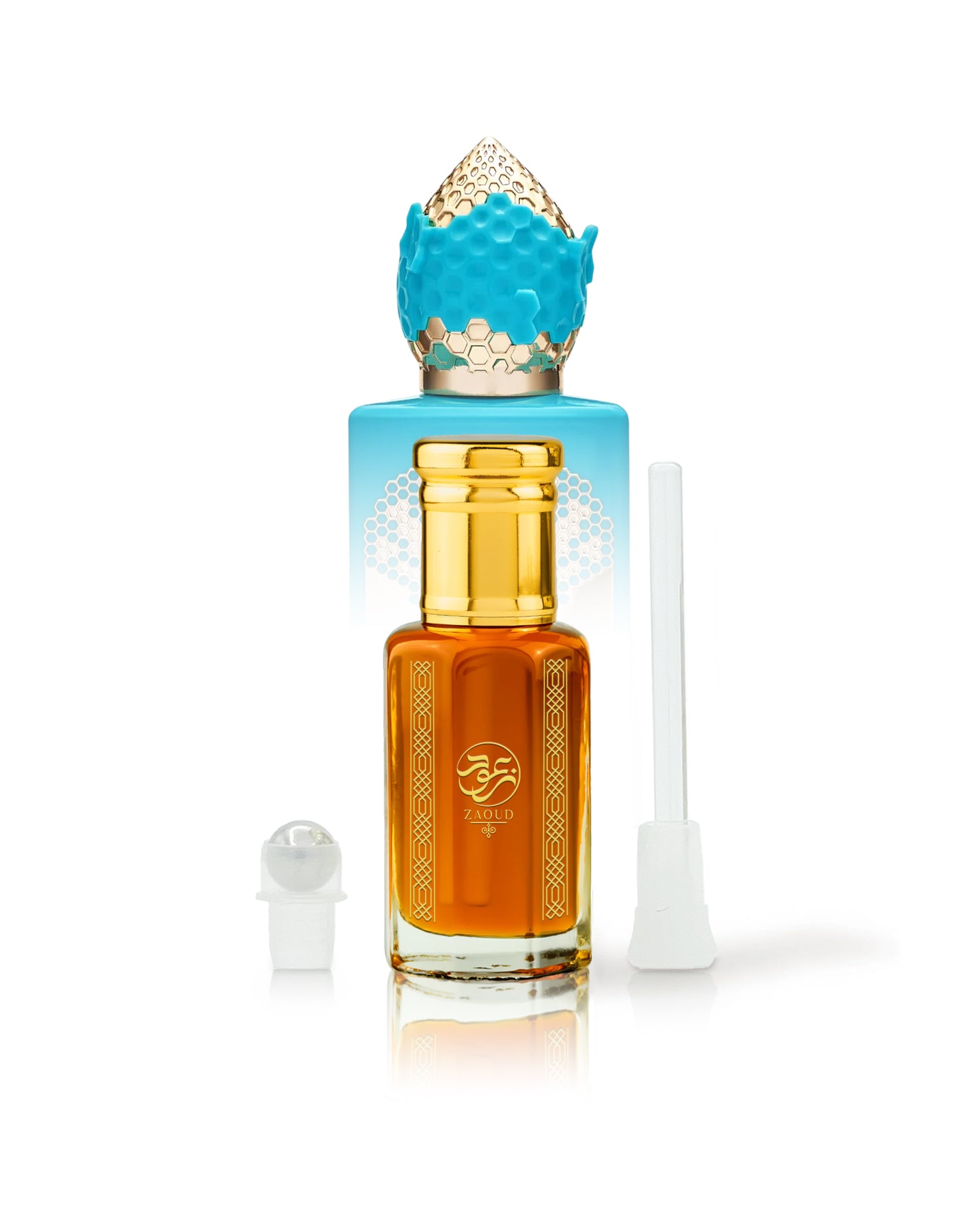 haram fire perfume oil bottle shows beside roller and stick with god of fire perfume bottle against white background 