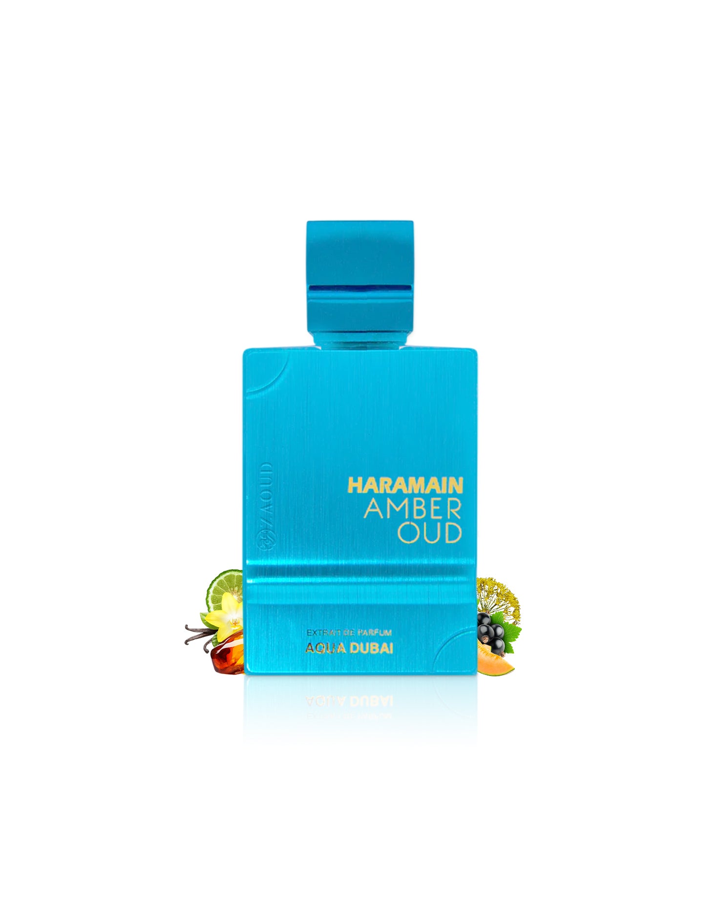 haramain amber oud aqua dubai perfume bottle surrounded with fragrance notes like amber and orange shows against white background