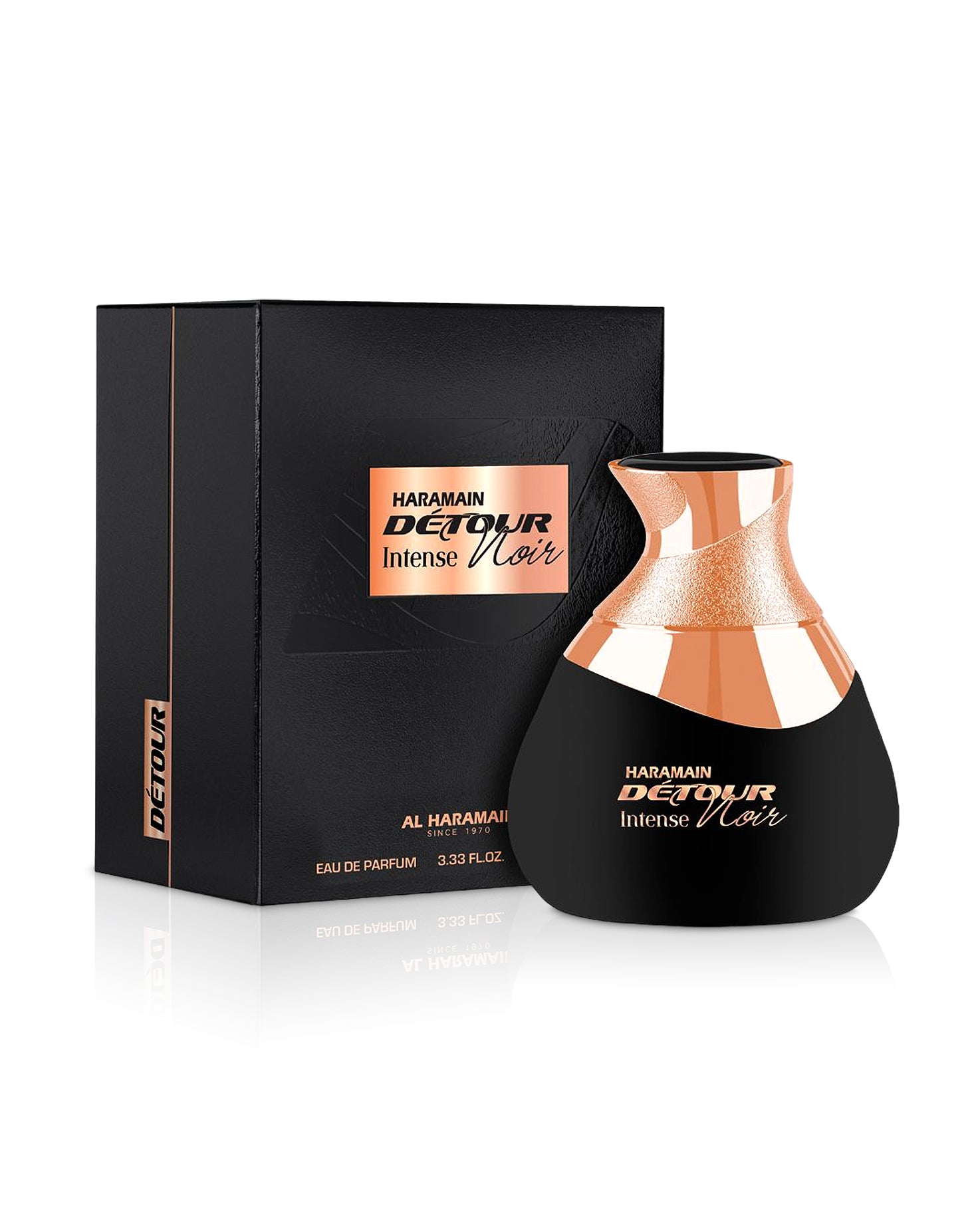 al haramain detour noir intense perfume bottle shows beside its black box against white background