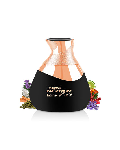 al haramain detour noir intense perfume bottle surrounded with fragrance notes like cardamom and heliotrope shows from behind the bottle against white background