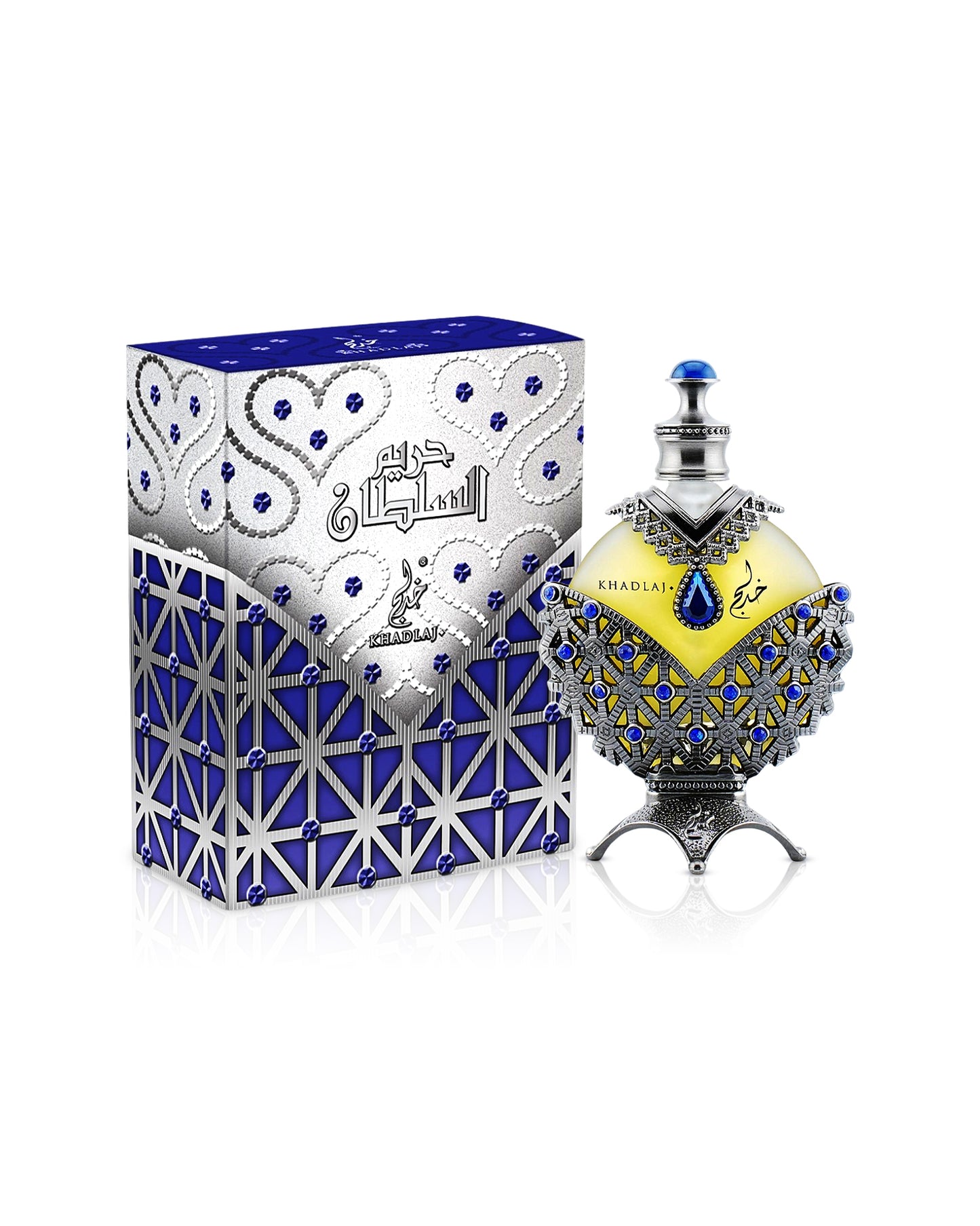 hareem al sultan antique blue perfume oil by khadlaj perfume bottle shows beside its paper box against white background