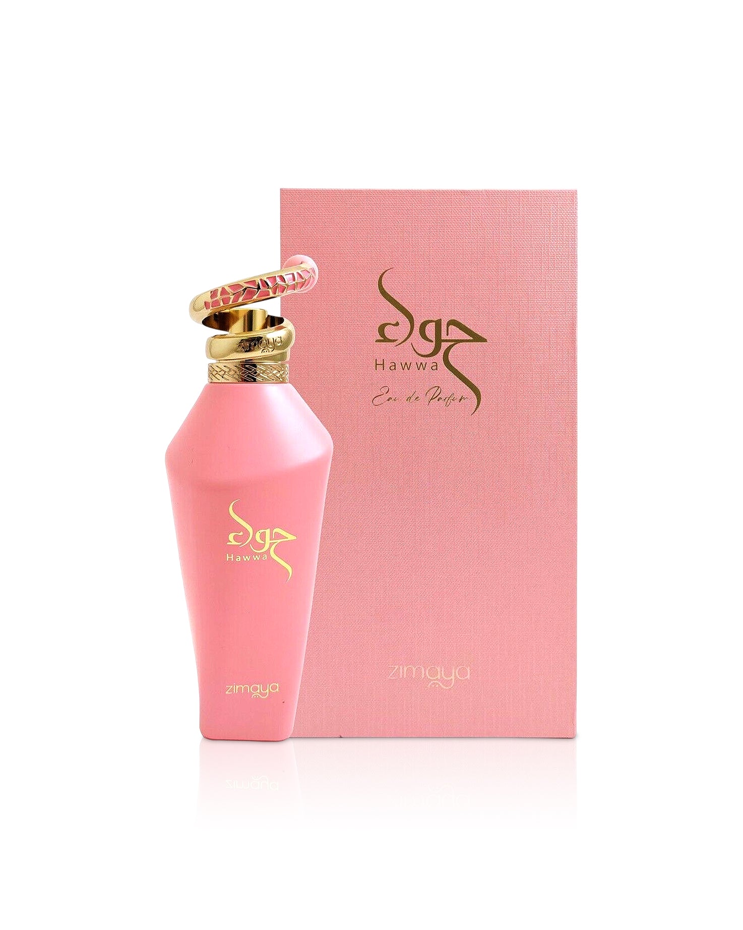 hawwa pink by zimaya perfume bottle shows beside its box against white background